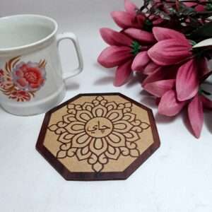Brown Engraved Wooden Tea Coasters  Islamic Gifts -Set Of 4